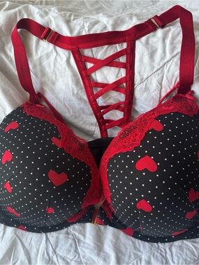 Cacique Black & Red Heart Lace Push-Up Bra